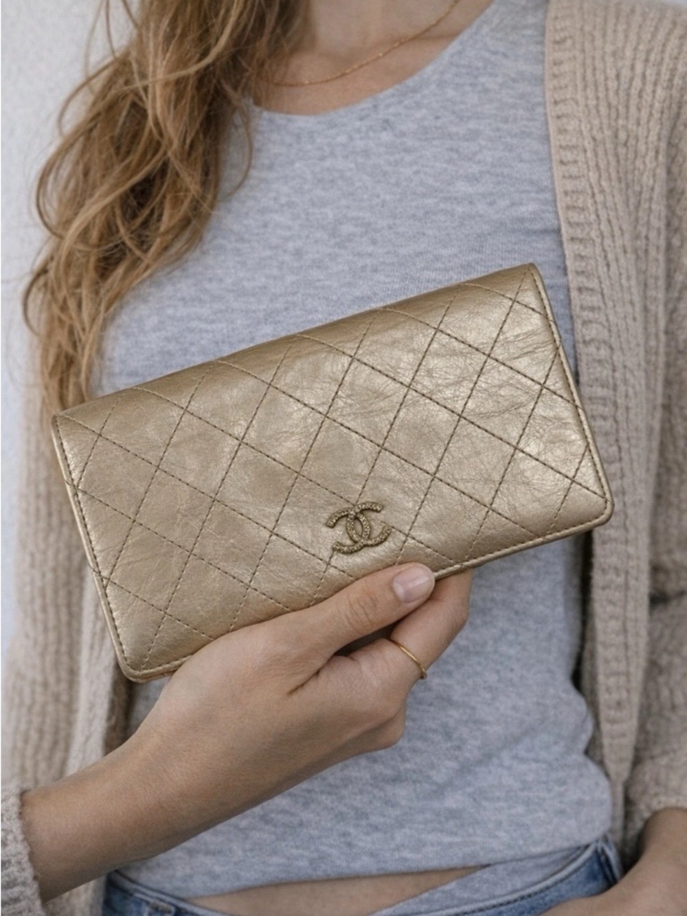 Chanel Quilted Metallic Gold color block Leather Wallet w COA card & sticker